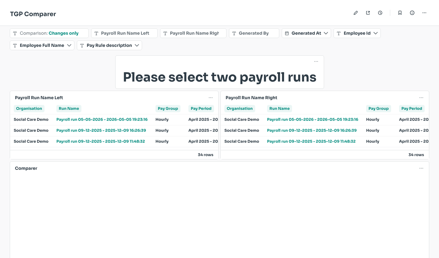 TGP Comparer dashboard layout
