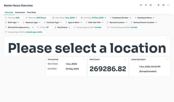 Roster Hours Overview tabs cycling through Overview, Summaries, and Pivot Data