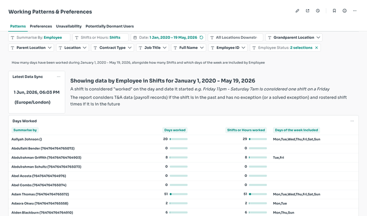 Tab navigation across Working Patterns & Preferences