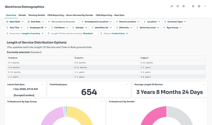 Tabs cycling through Overview, Details, Missing Details, ONS Reporting –  Hours Worked By Gender, and ONS Reporting –  Raw Data
